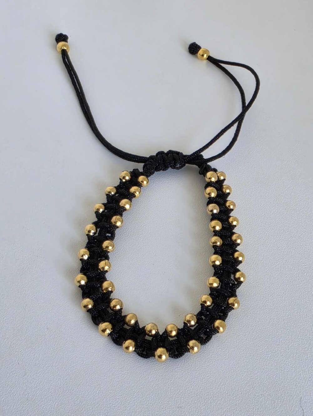 Handmade Black Macrame Bracelet Gold Beads Adjustable Boho Minimalist